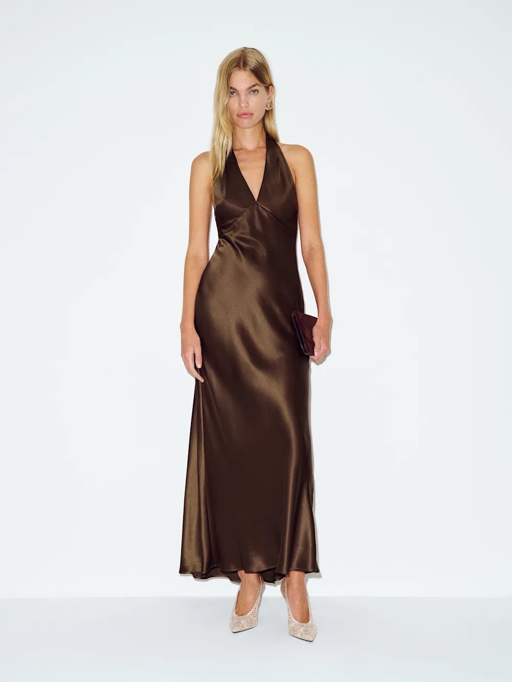 Reformation Daniela Silk Halter Neck Slip Dress in Chocolate Brown (Pinecone)